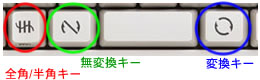 「変換」、「無変換」、「半角/全角」の各キーには独自のアイコンを刻印。