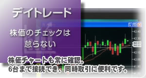 株価チャートも常に確認。6台まで接続でき、同時取引に便利です。