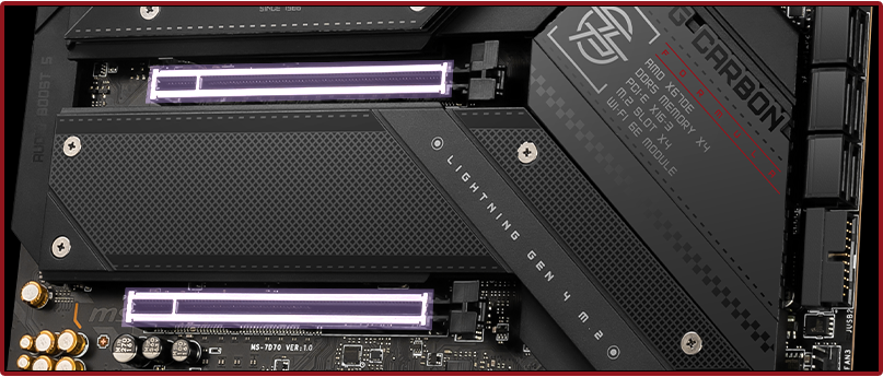MSI X670Eマザーボードは、PCIeスロットとM.2ストレージの両方で最新のLightning Gen 5をサポートしています。PCIe 5.0は最大128GB/sの転送帯域幅に対応し、最高のパフォーマンスと拡張性を実現します。